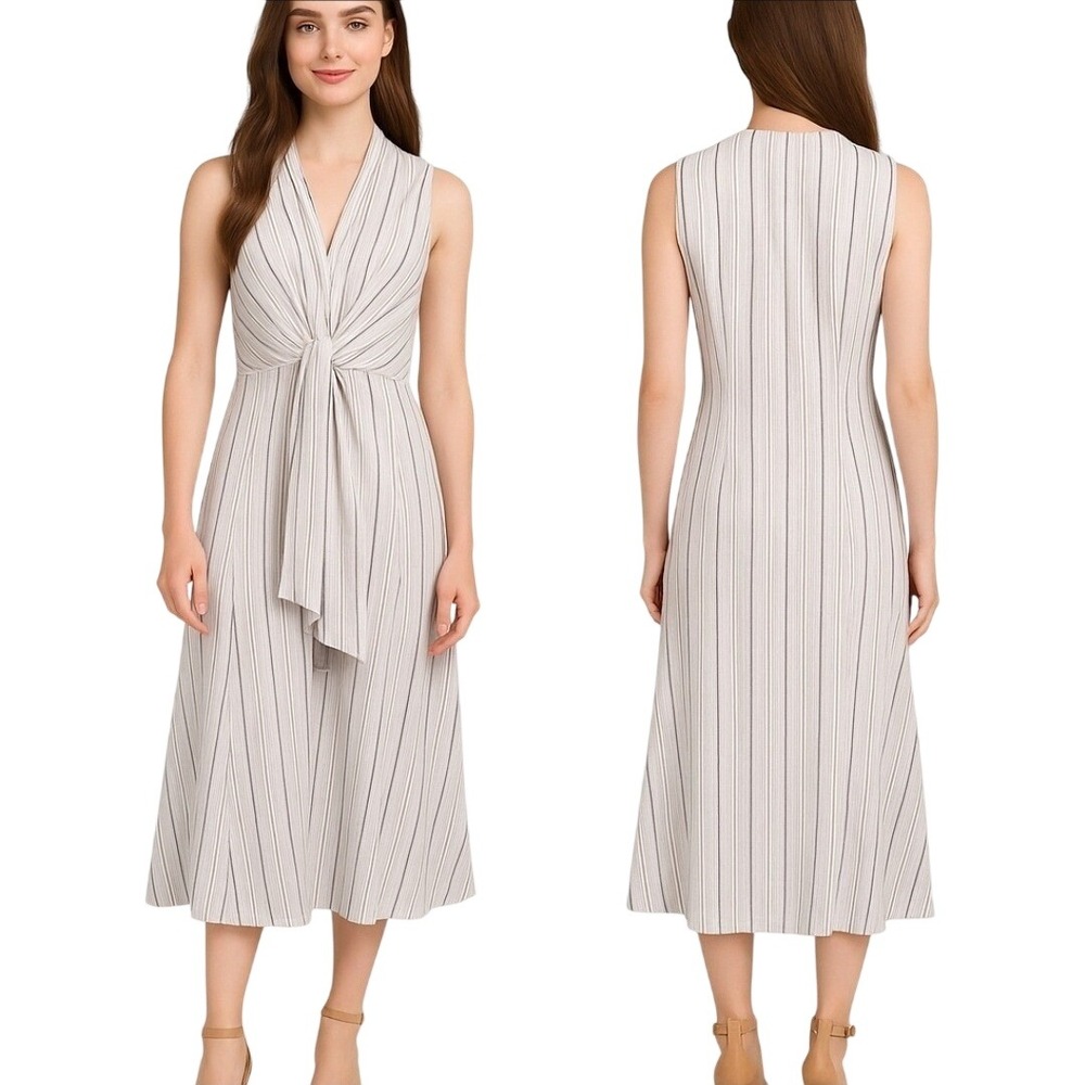 Tahari Linen Blend‎ Striped Maxi Dress Sleeveless Tie Waist Casual Elegant M New